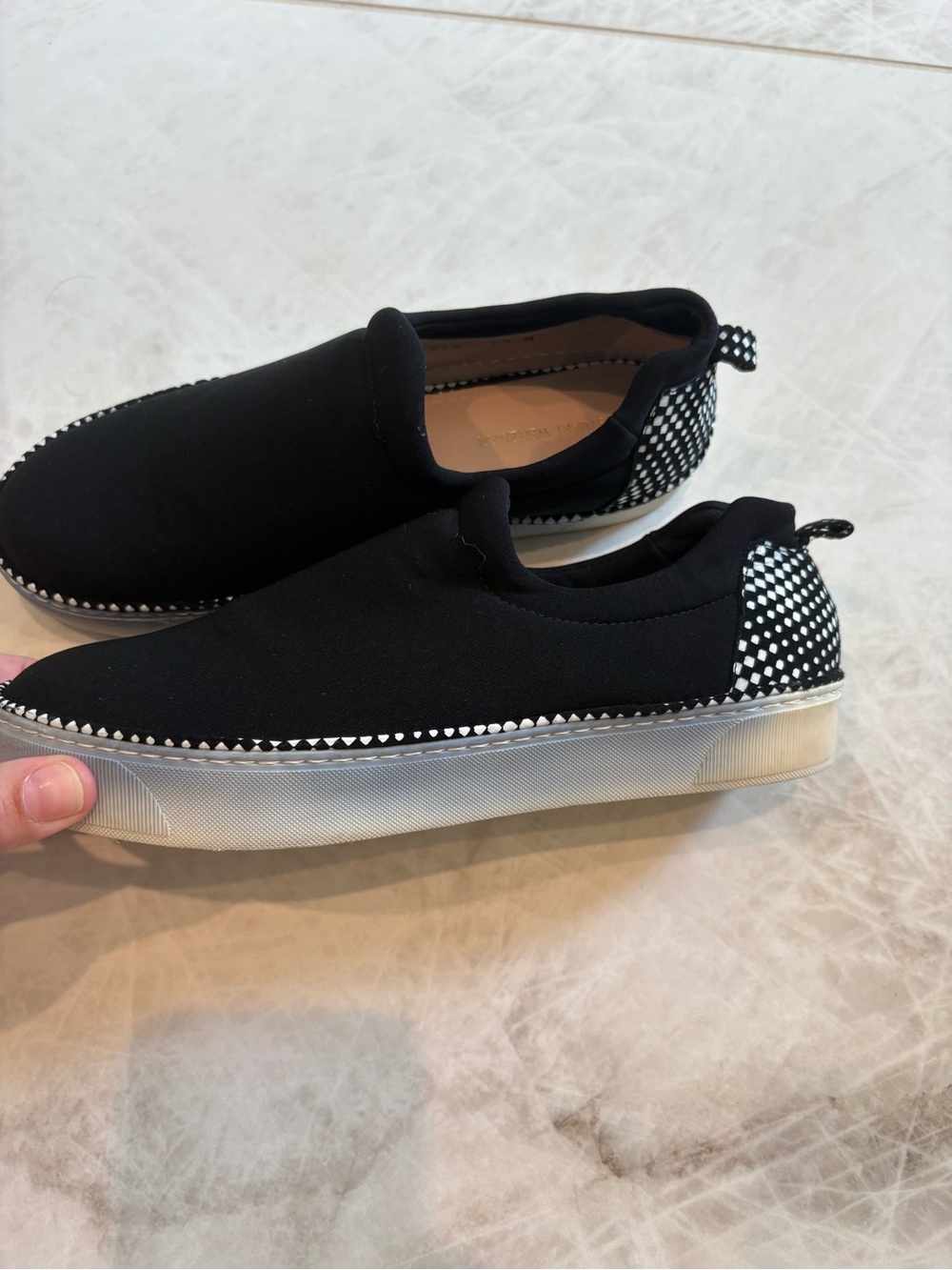 Stuart Weitzman Recovery Black Neoprene Slip On Sneaker Checkered Flat